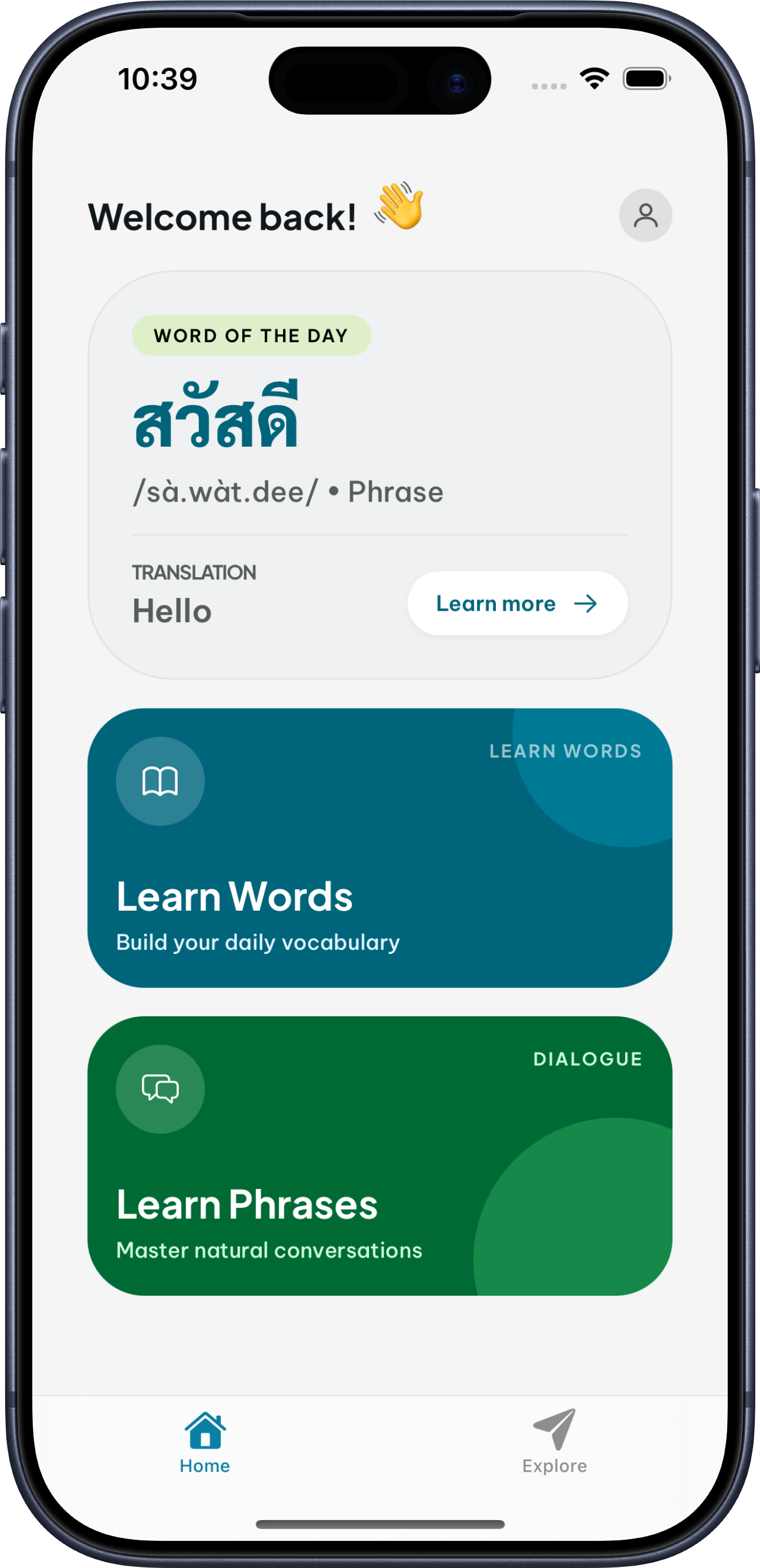 ThaiLang app showing today's word
